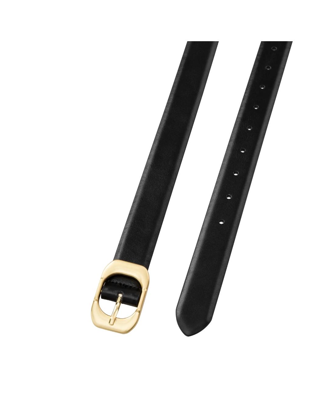 black leather belt with round gold buckle