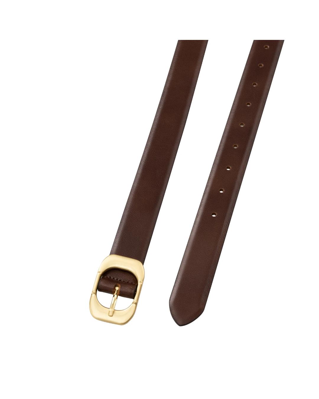 brown leather belt with round gold buckle