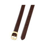 brown leather belt with round gold buckle