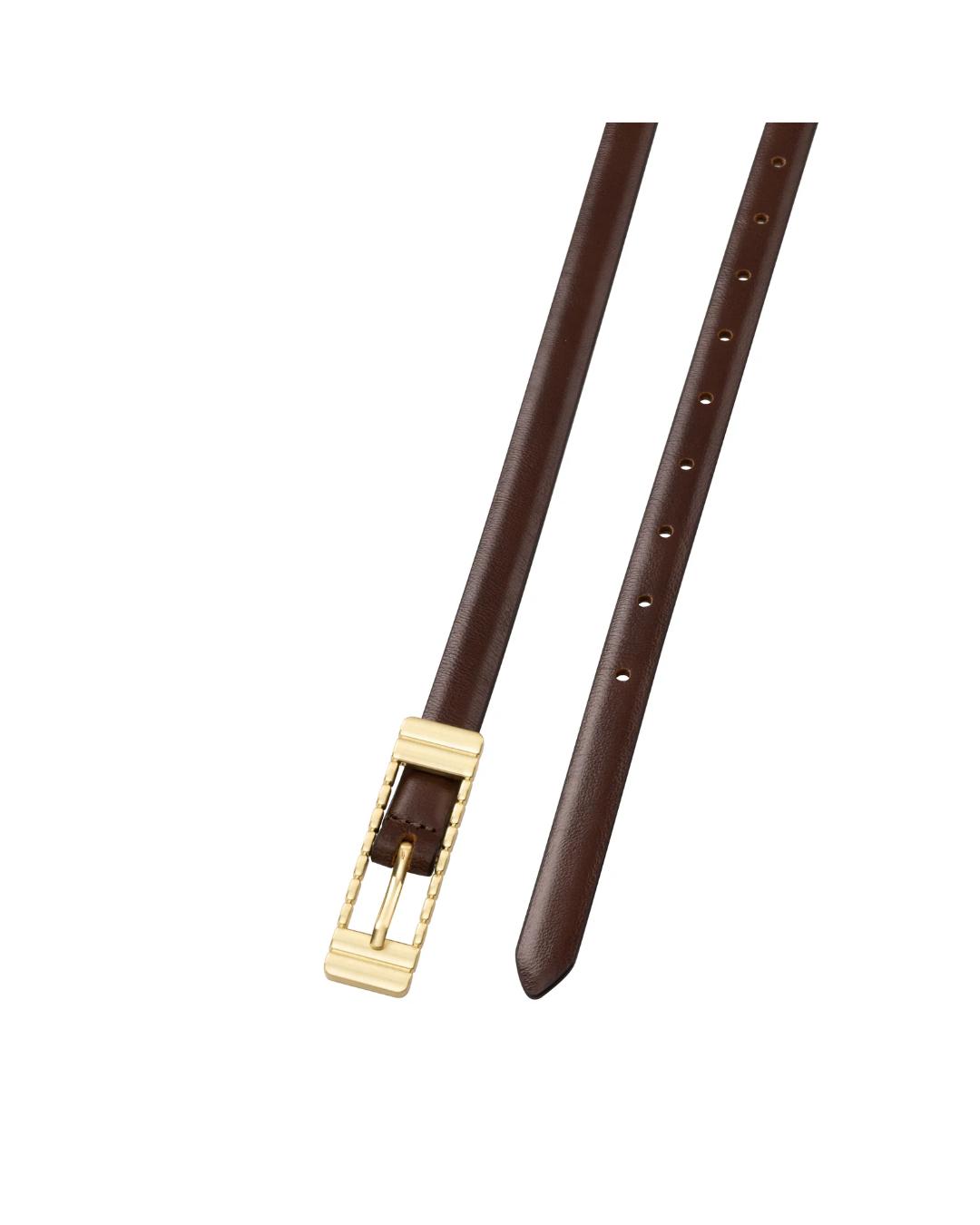 brown thin belt with gold square buckle