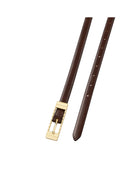 brown thin belt with gold square buckle