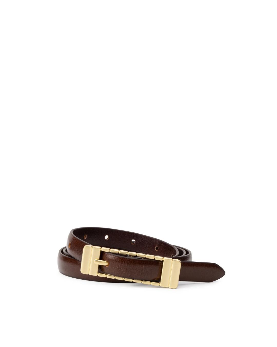 brown thin belt with gold square buckle