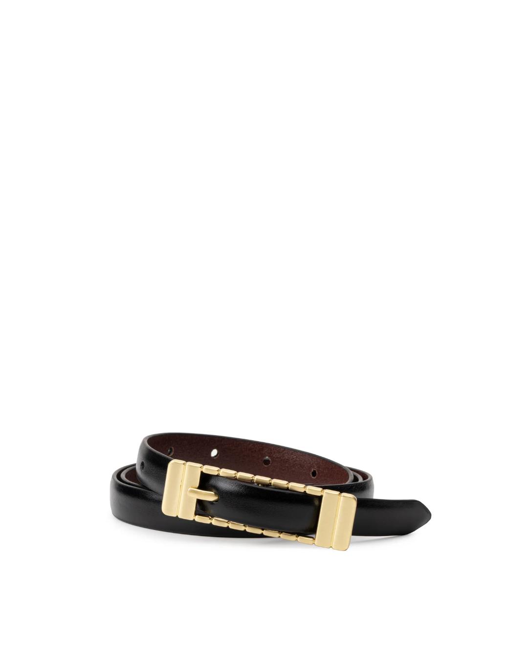 black thin belt with gold square buckle
