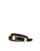 black thin belt with gold square buckle