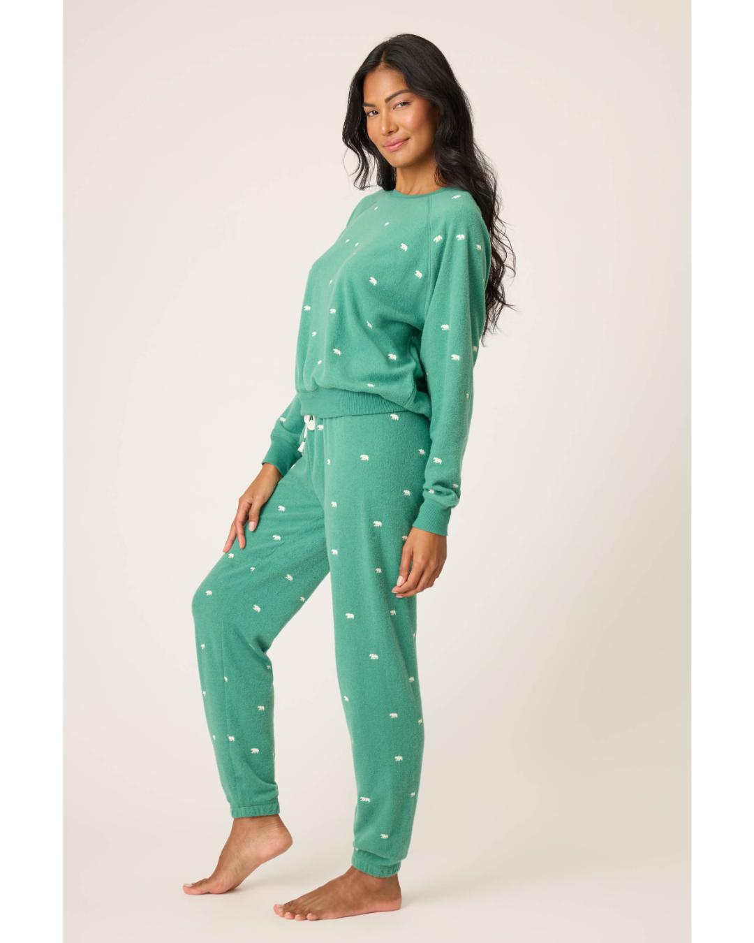 green long sleeve and pants pj set with bears all over 