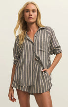 black and beige linen striped blouse