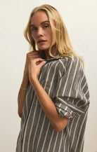 black and beige linen striped blouse
