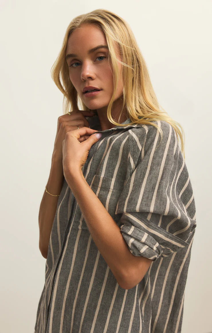 black and beige linen striped blouse