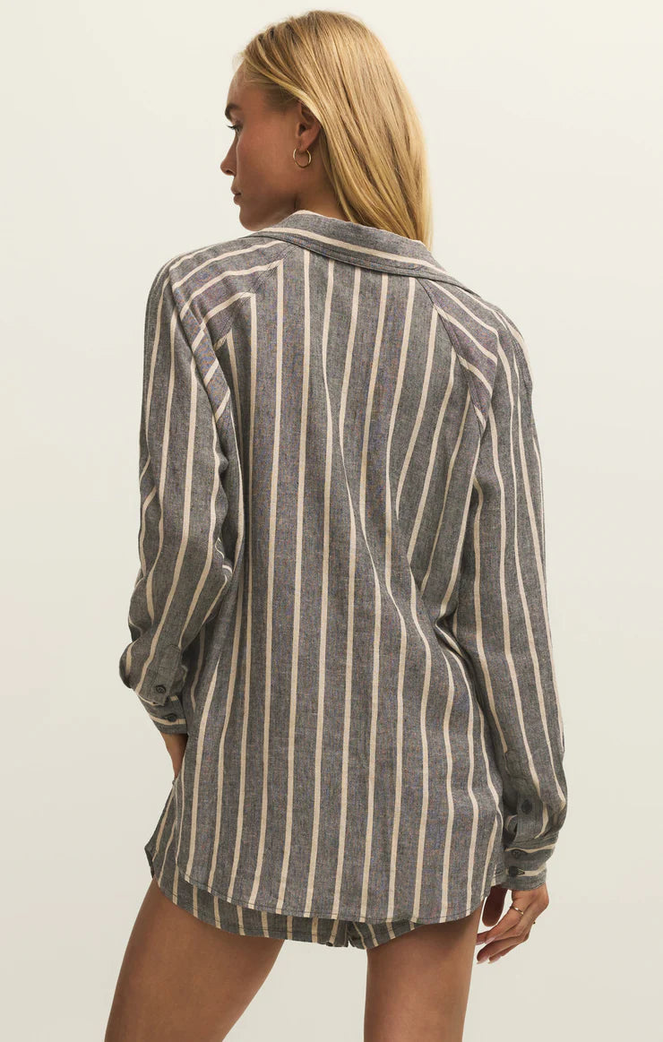 black and beige linen striped blouse