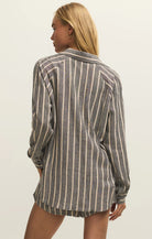black and beige linen striped blouse