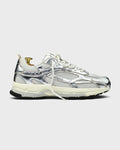 white running shoe with silvers accents