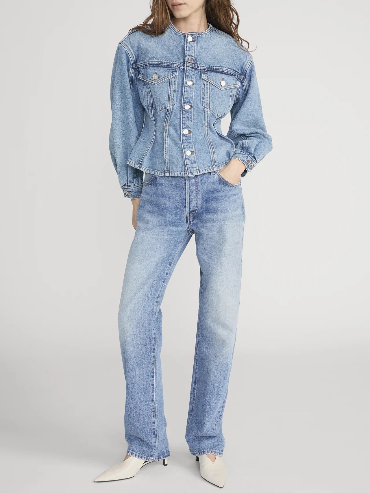 blue jean jacket with a tailored front