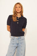 knit short sleeve sweater with collar and three buttons in navy