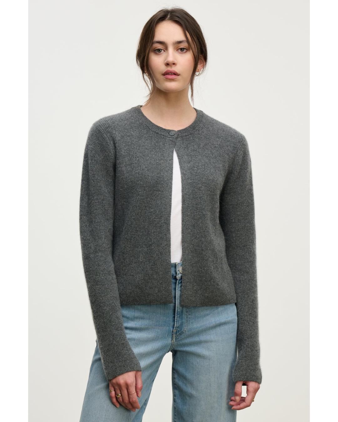 grey cashmere sweater with one button at the top
