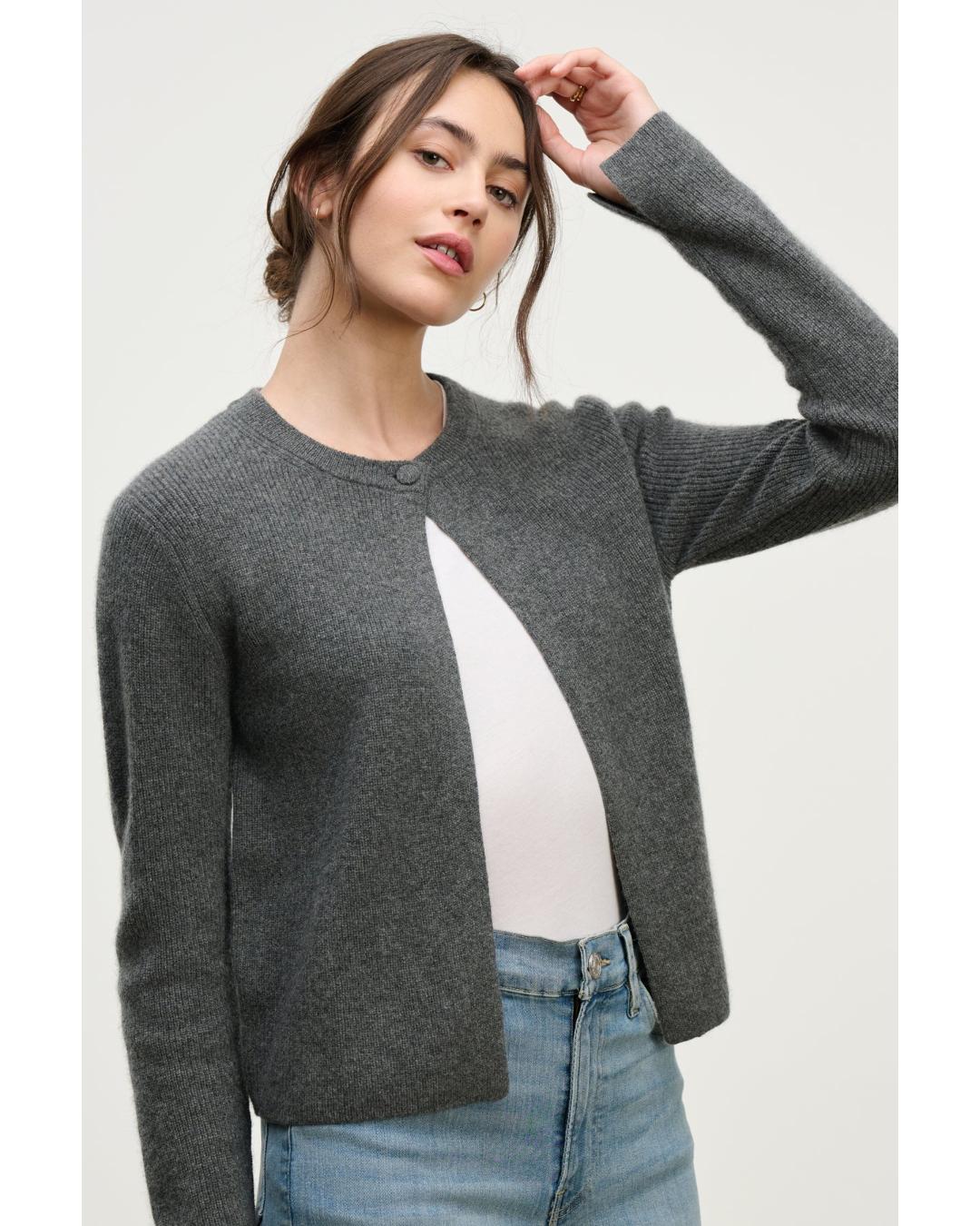 grey cashmere sweater with one button at the top