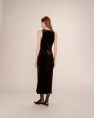 brown velvet midi dress with twisted straps