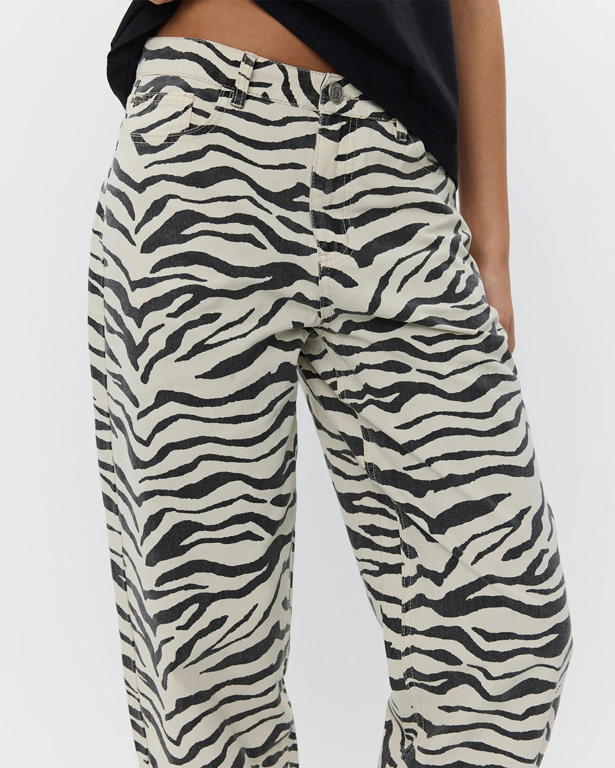 zebra printed jeans in a barrel style