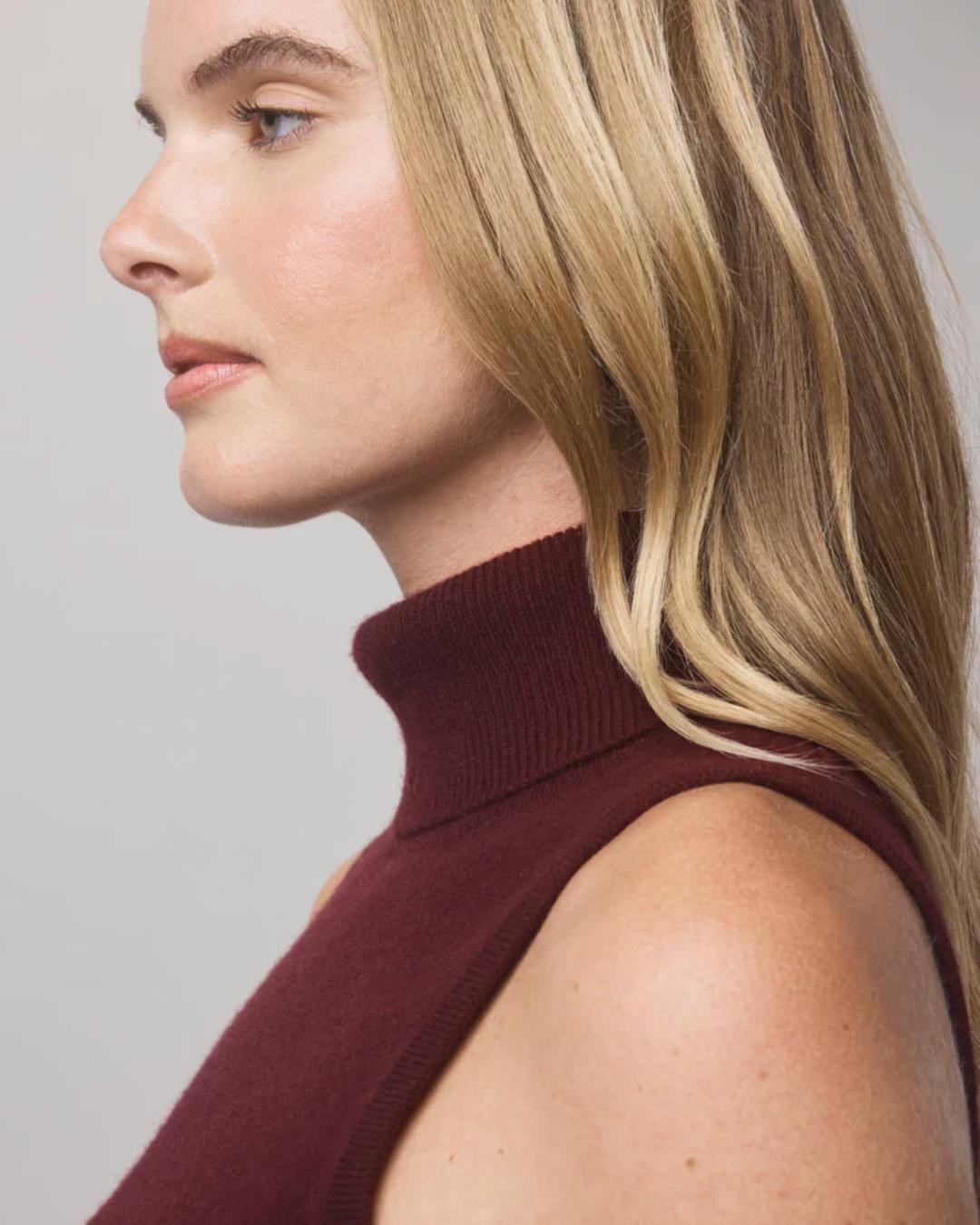cashmere turtleneck tank top in dark red