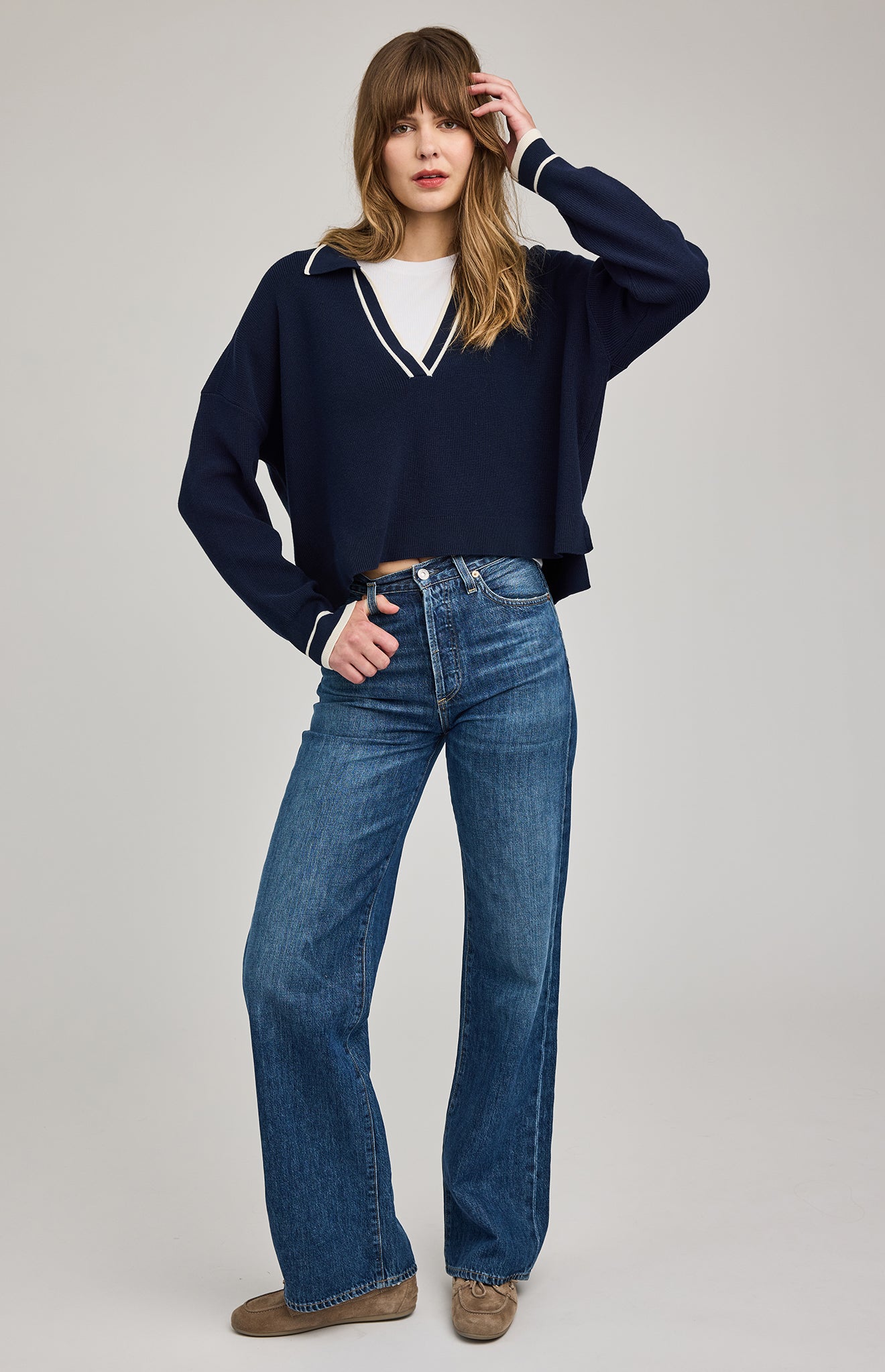 navy blue v-neck sweater with a collar