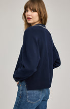 navy blue v-neck sweater with a collar