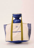 tote bag iin cream with blue gingham on the sides