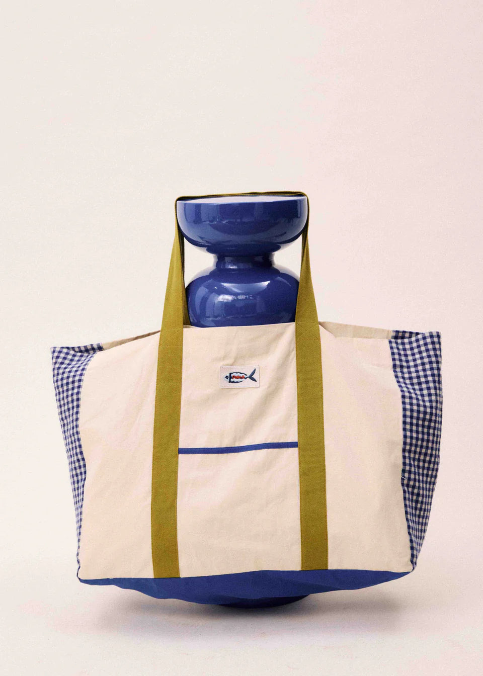 tote bag iin cream with blue gingham on the sides