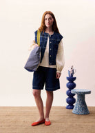 tote bag iin cream with blue gingham on the sides