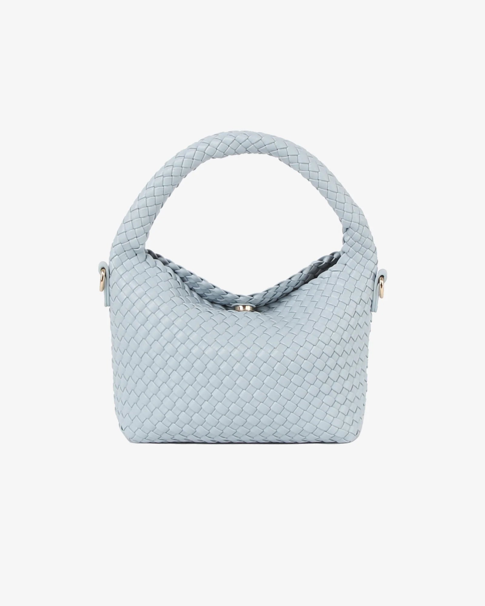 a braided handbag in a light blue