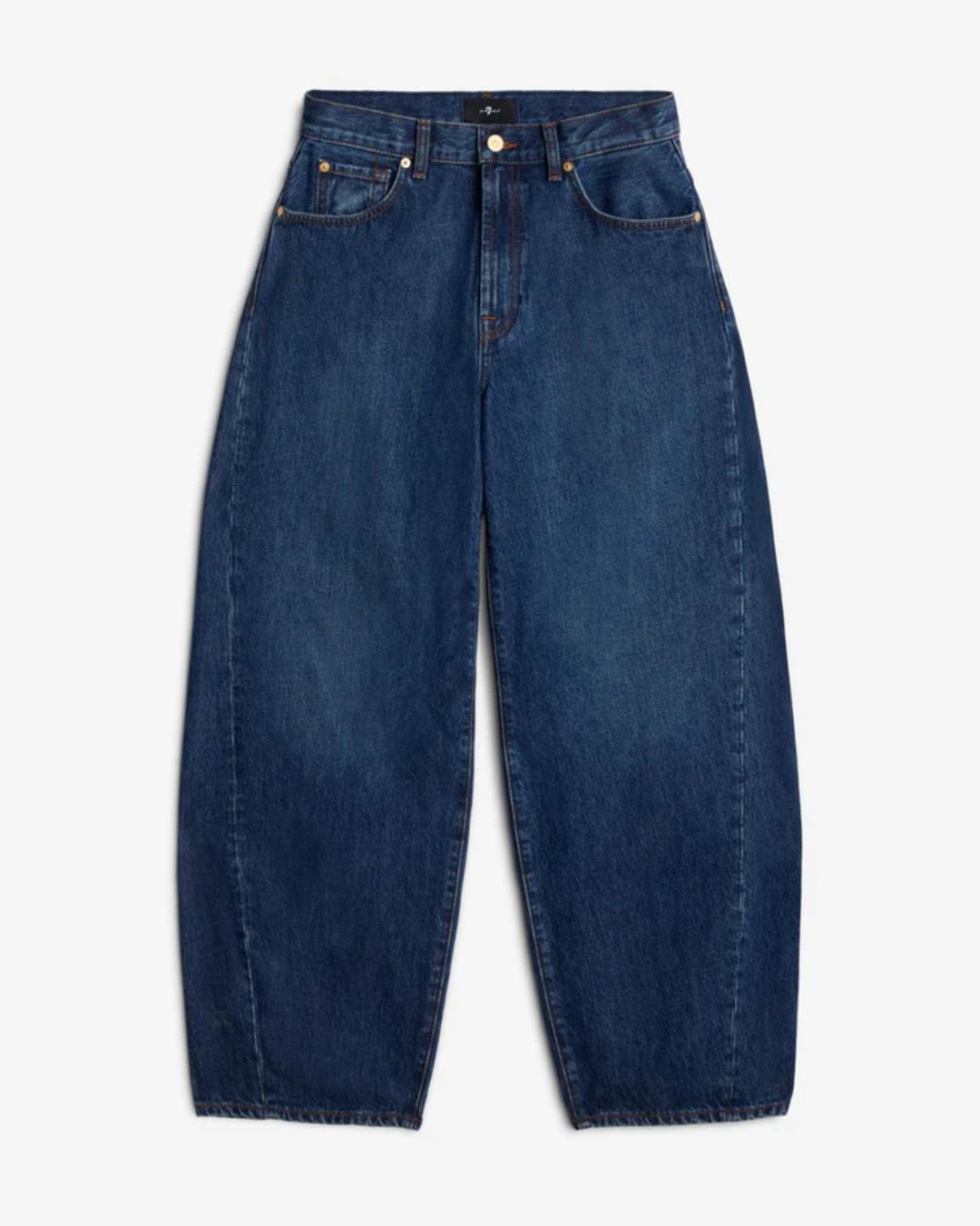 blue denim with a barrel leg