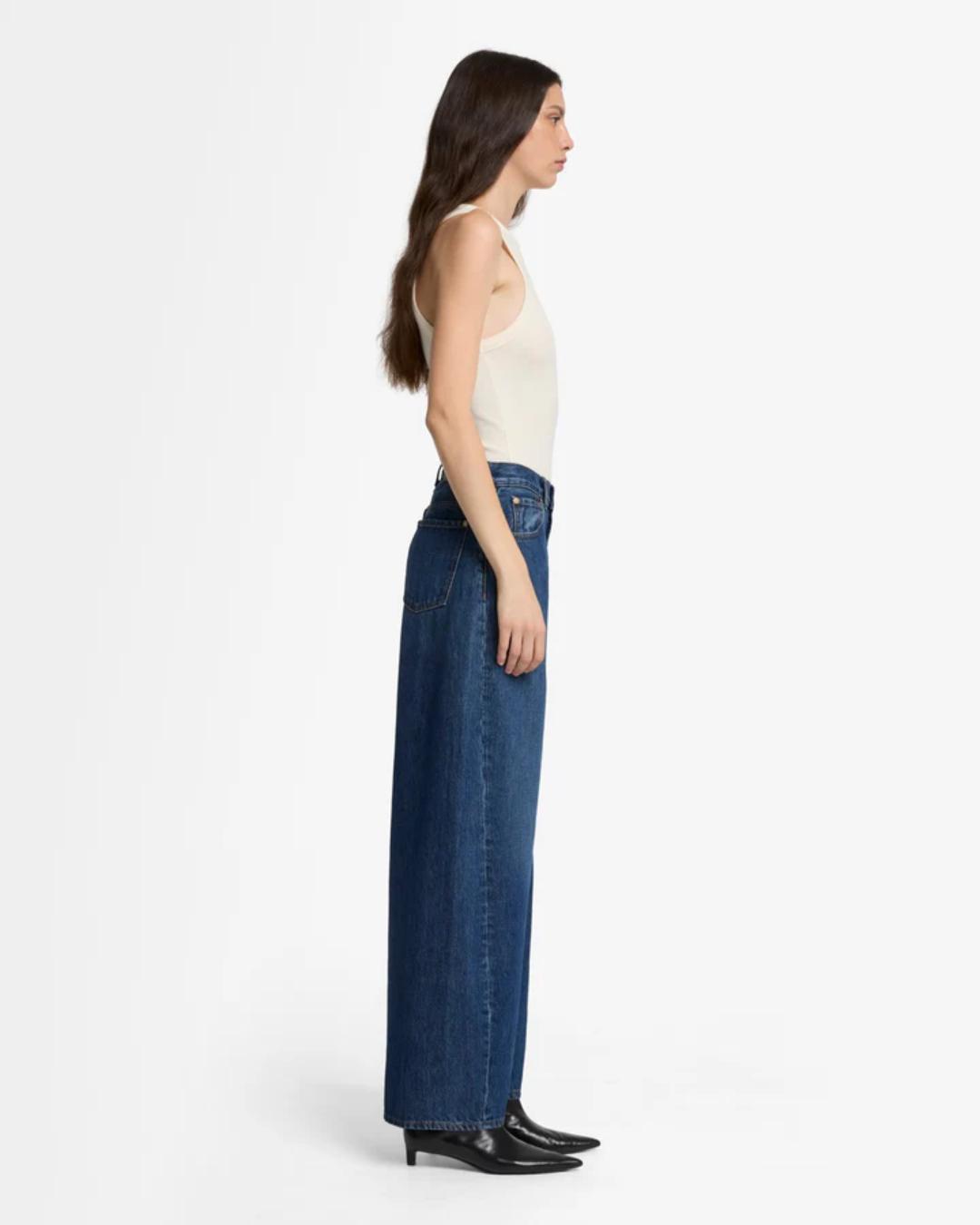 blue denim with a barrel leg
