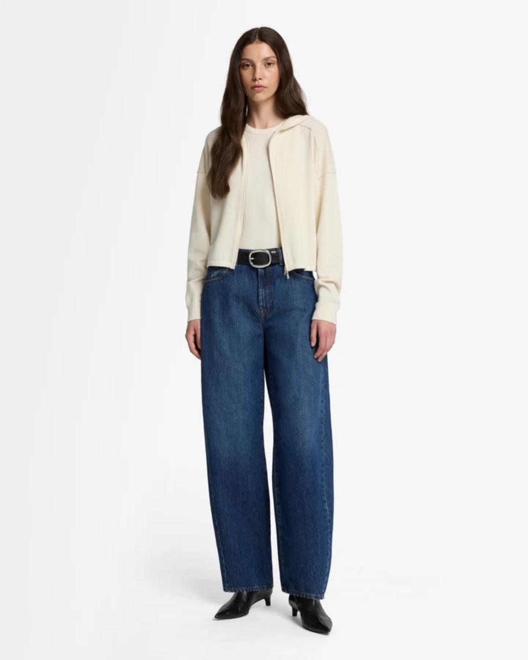 blue denim with a barrel leg