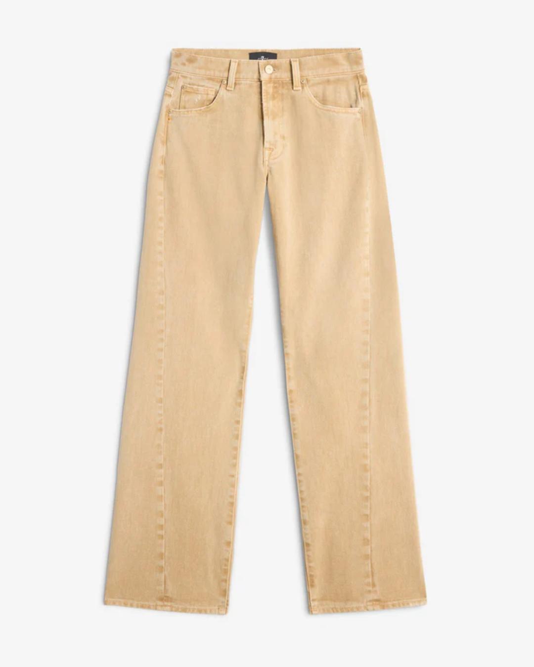 tan denim pants with a relaxed leg
