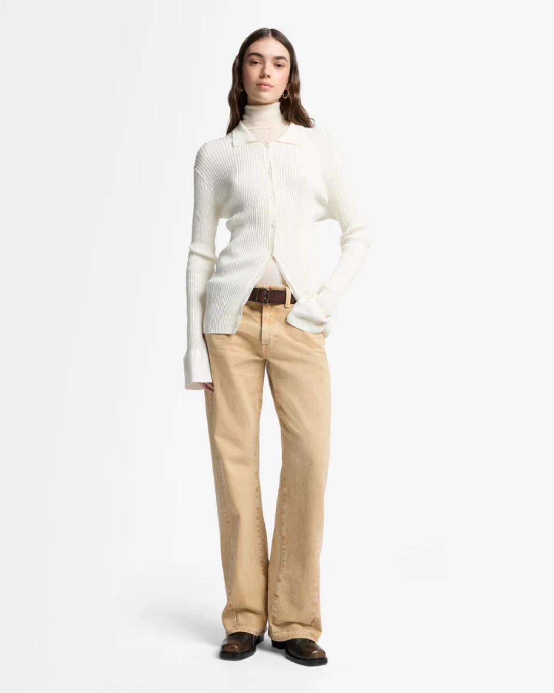 tan denim pants with a relaxed leg