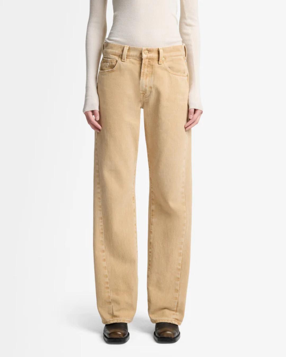 tan denim pants with a relaxed leg