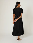 black midi dress with puff sleeve
