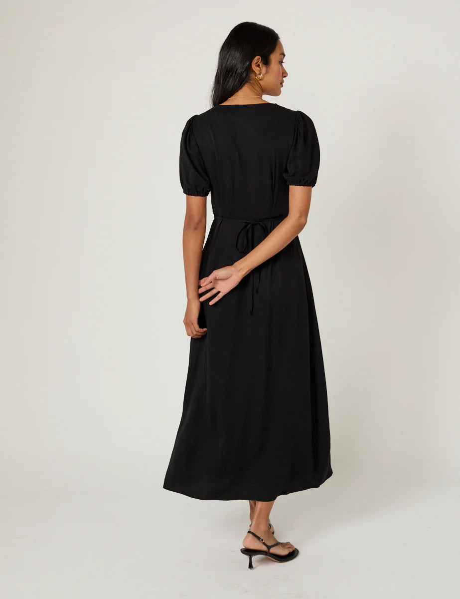 black midi dress with puff sleeve