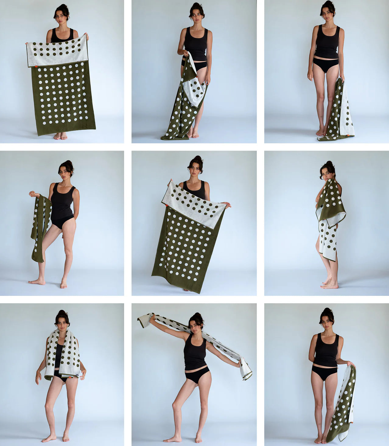 polka dot bath towel in green and grey