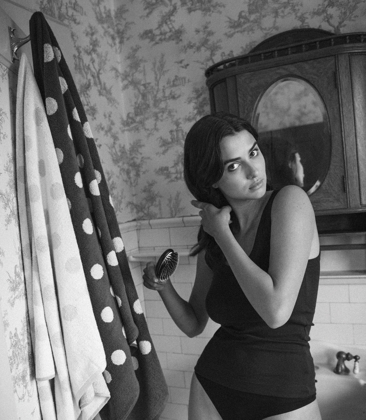 polka dot bath towel in green and grey