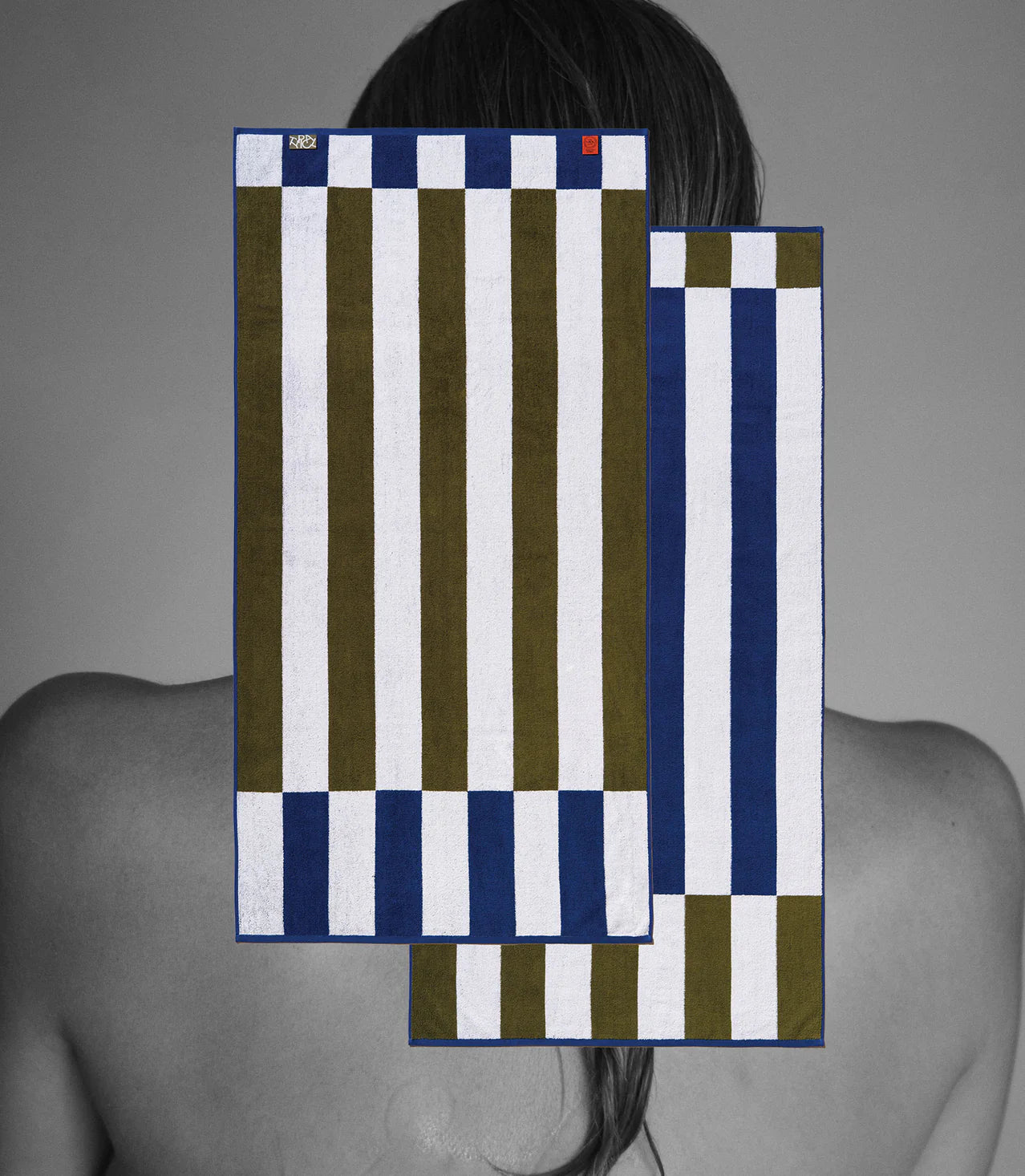 bath towel with green white and blue stripes