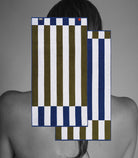 bath towel with green white and blue stripes