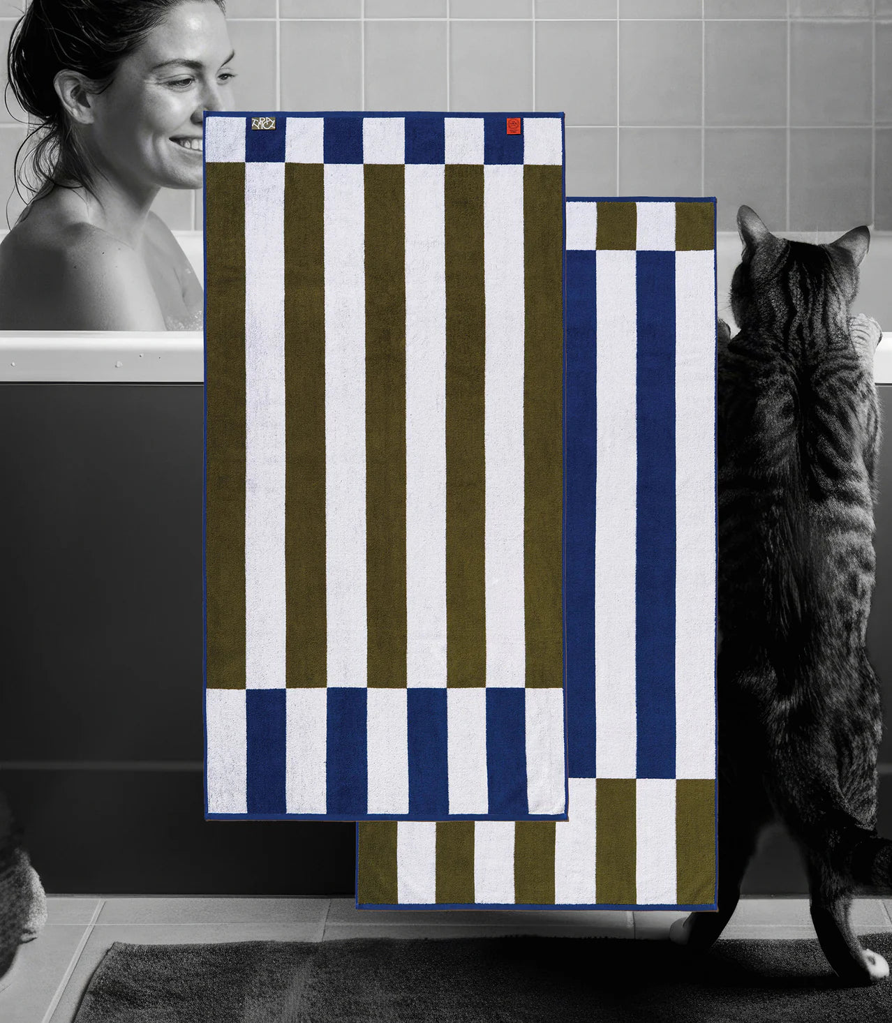 bath towel with green white and blue stripes