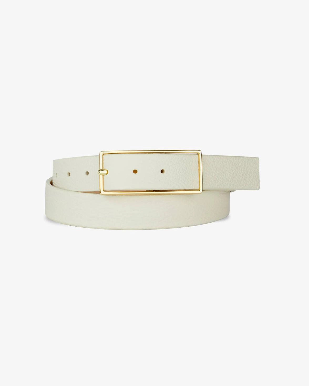 white leather belt with gold square buckle