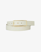 white leather belt with gold square buckle