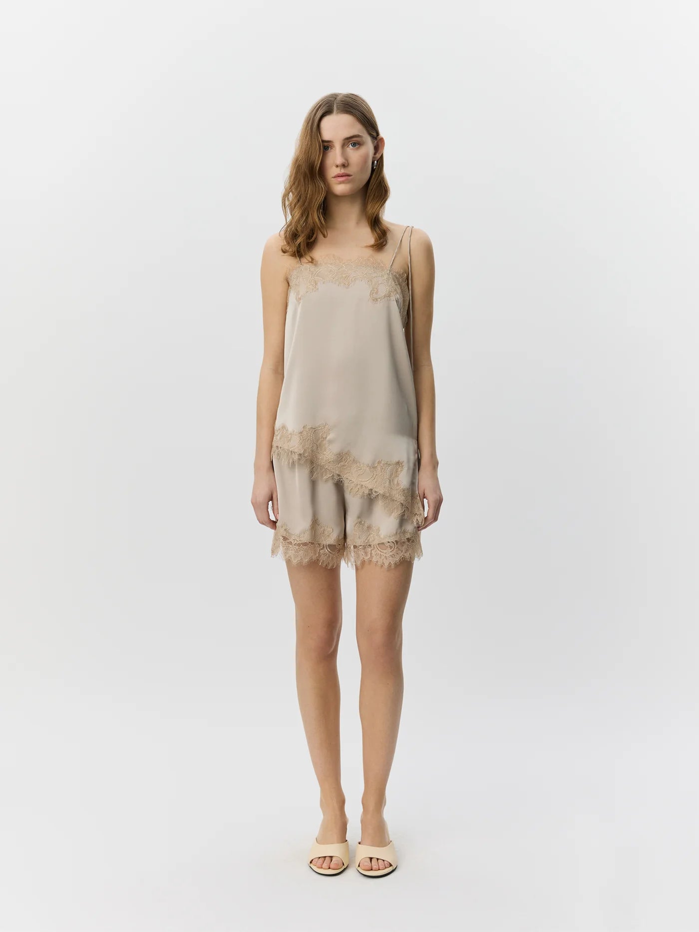 beige short with lace detail