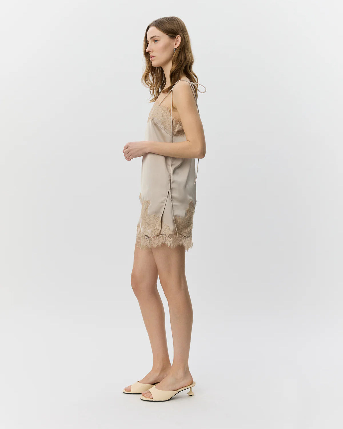 beige short with lace detail