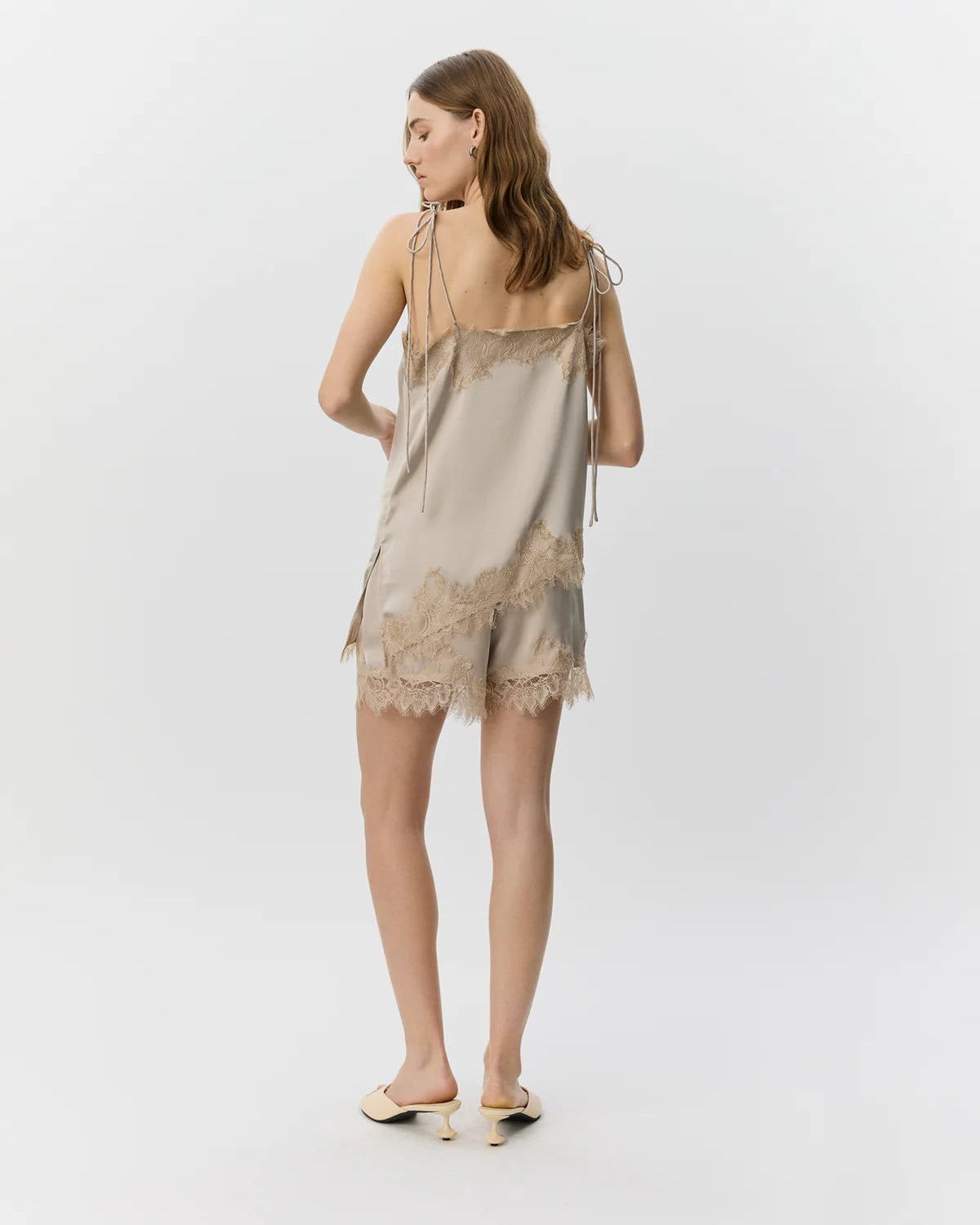 beige short with lace detail