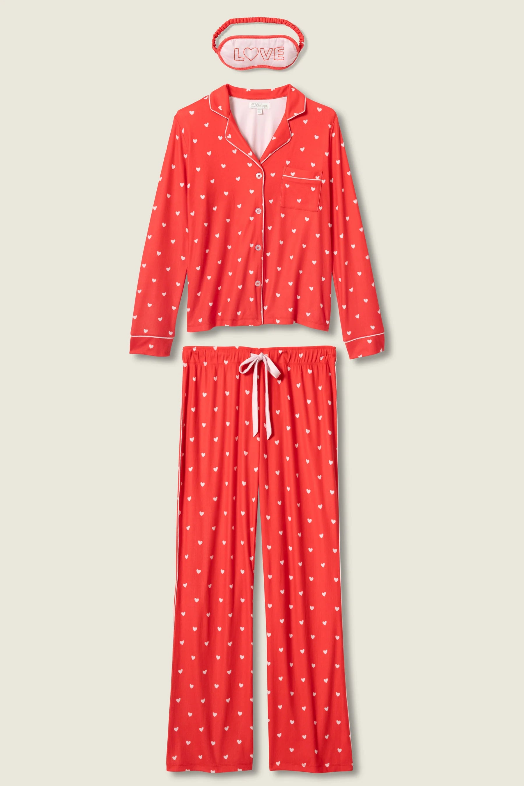 long sleeve, pant and eye mask pj set in red with pink hearts all over
