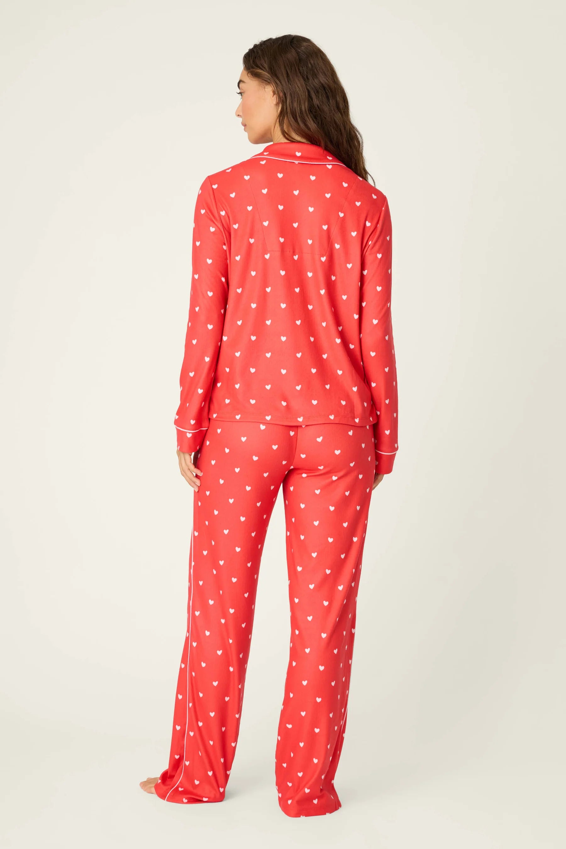 long sleeve, pant and eye mask pj set in red with pink hearts all over
