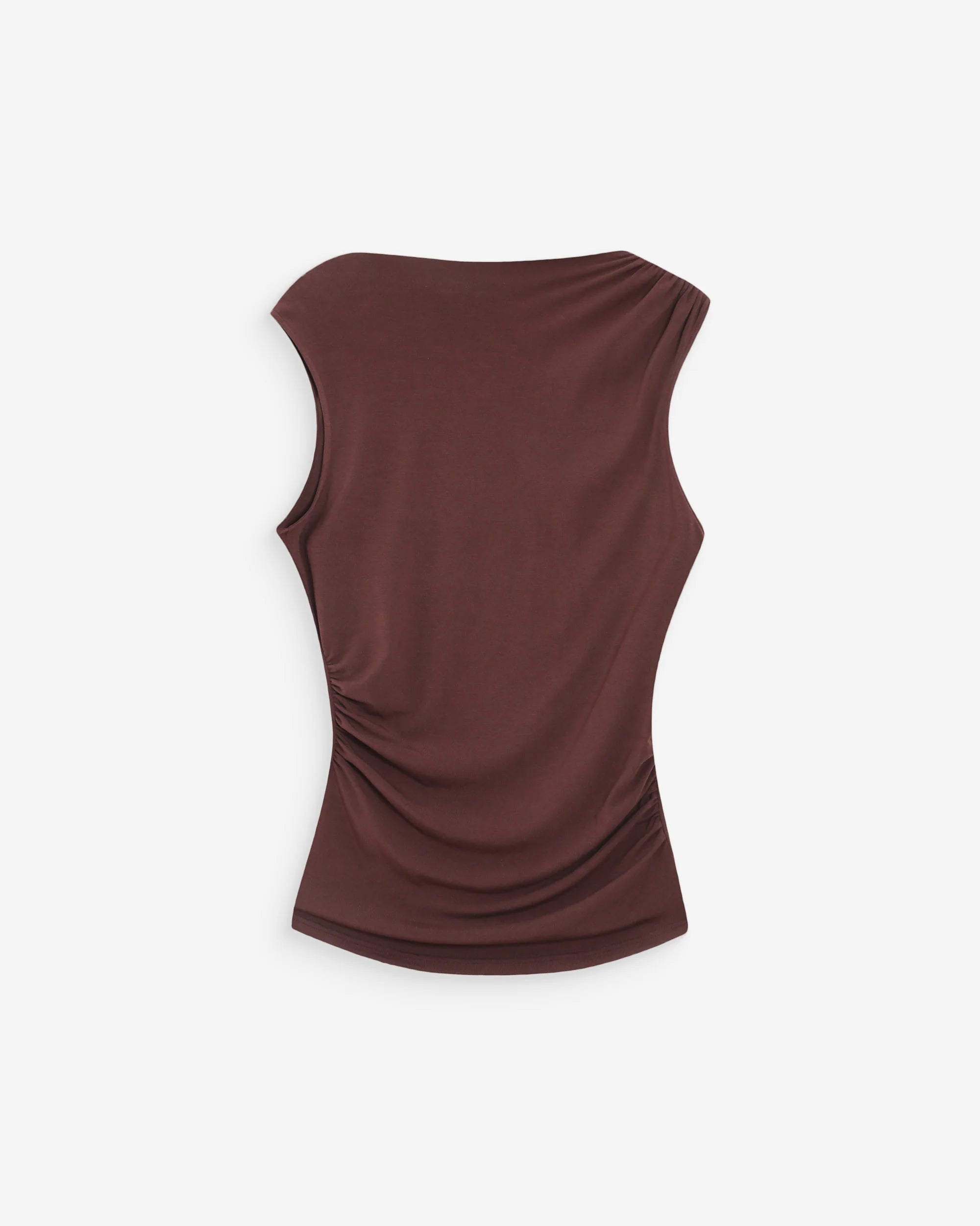 mock neck sleeveless top in brown with synching at the waist
