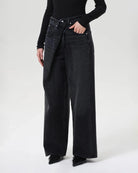 black denim jeans with wide leg and fold over waist